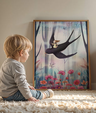 Zauberwald mit Mädchen, das auf einem Vogel zwischen leuchtenden Blumen reitet