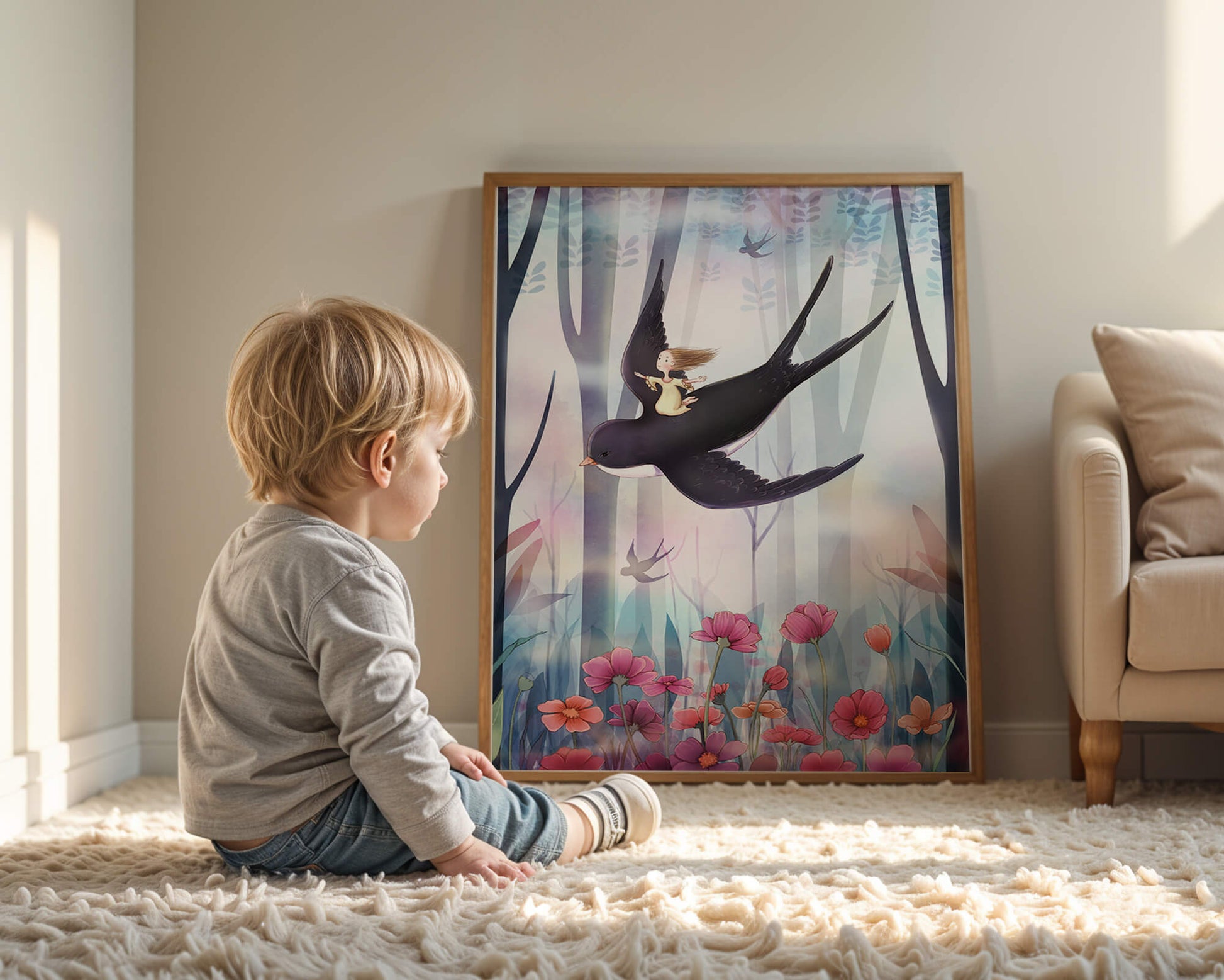 Enchanted forest with girl riding bird among vibrant flowers