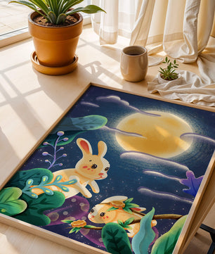 Charming illustration of rabbits under a full moon in a vibrant night garden