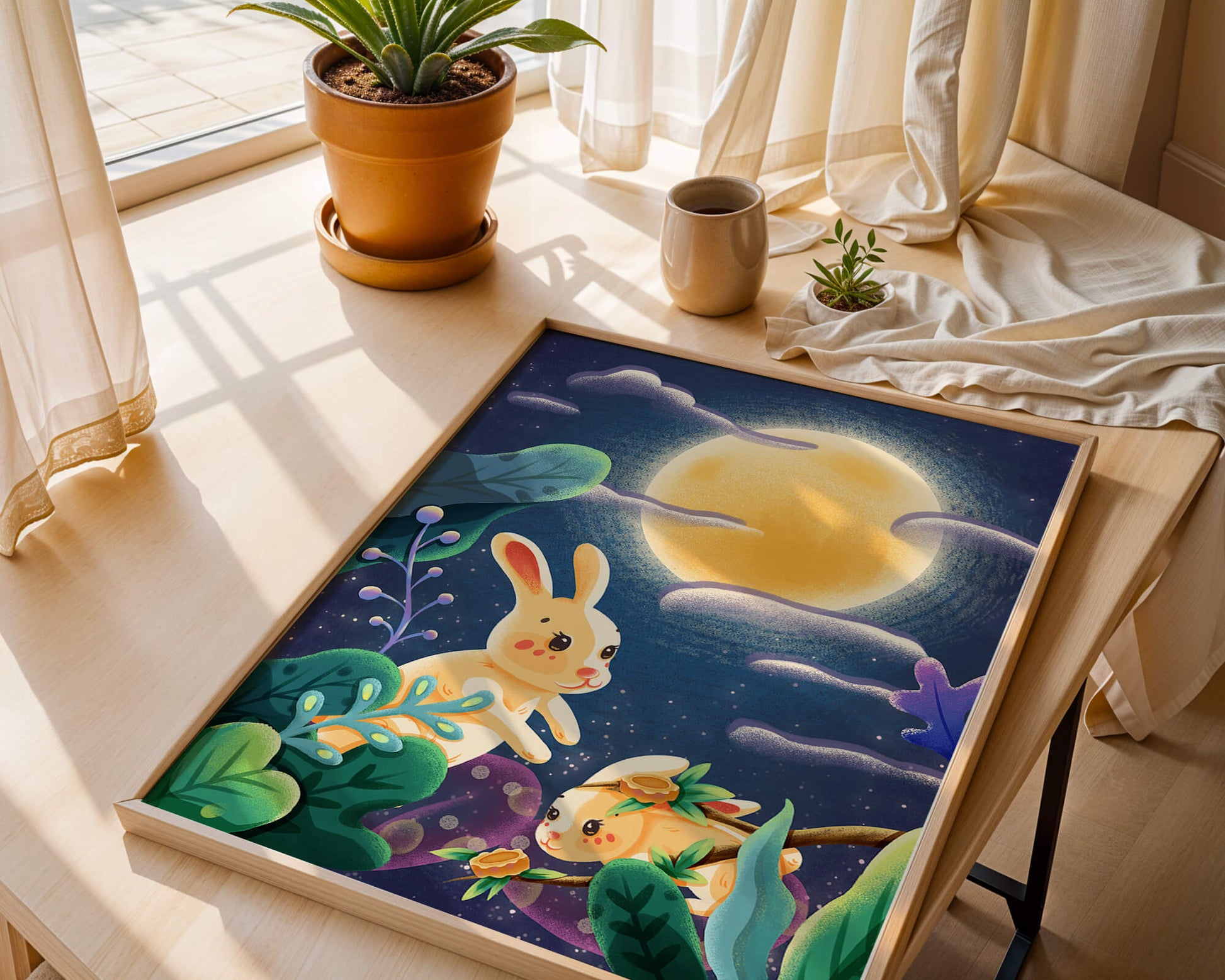 Charming illustration of rabbits under a full moon in a vibrant night garden