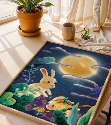 Charming illustration of rabbits under a full moon in a vibrant night garden