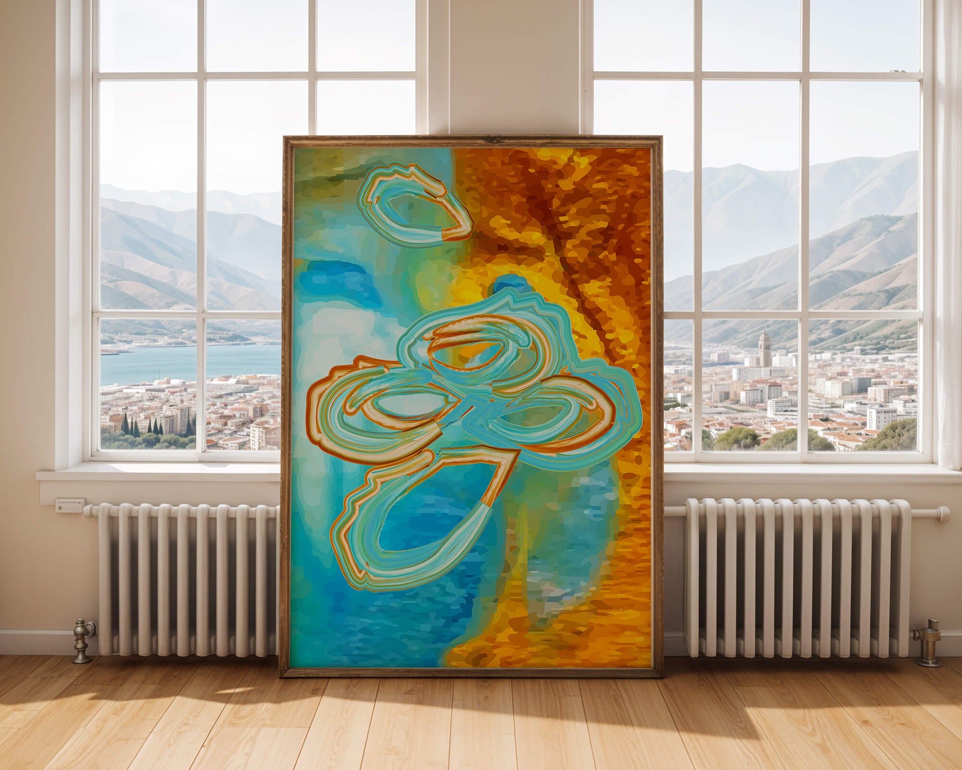 Abstract vibrant swirls in blue and orange colors