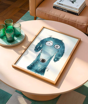 Illustration fantaisiste d’un chien bleu aux traits expressifs