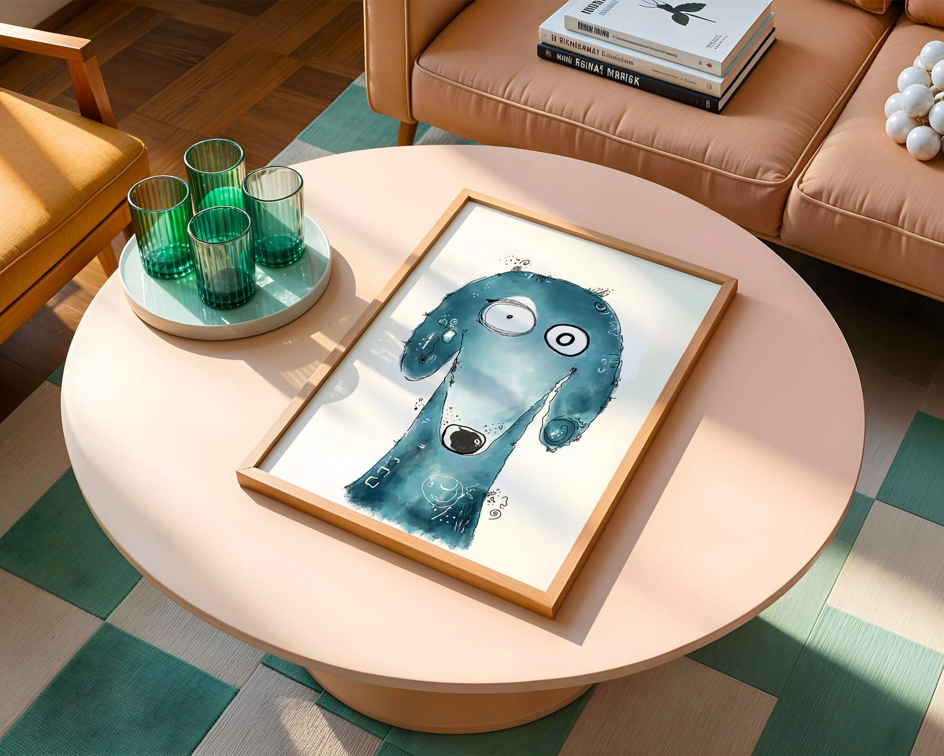 Whimsical blue dog illustration with expressive features