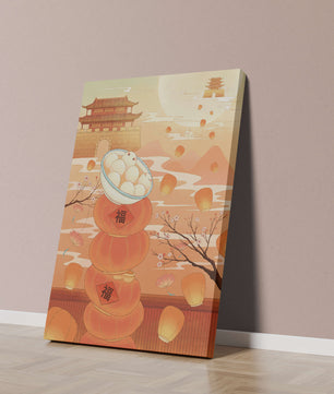 Scène de festival traditionnel chinois avec des lanternes et des raviolis