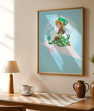 Mujer en un avión de papel con fondo de tema tropical
