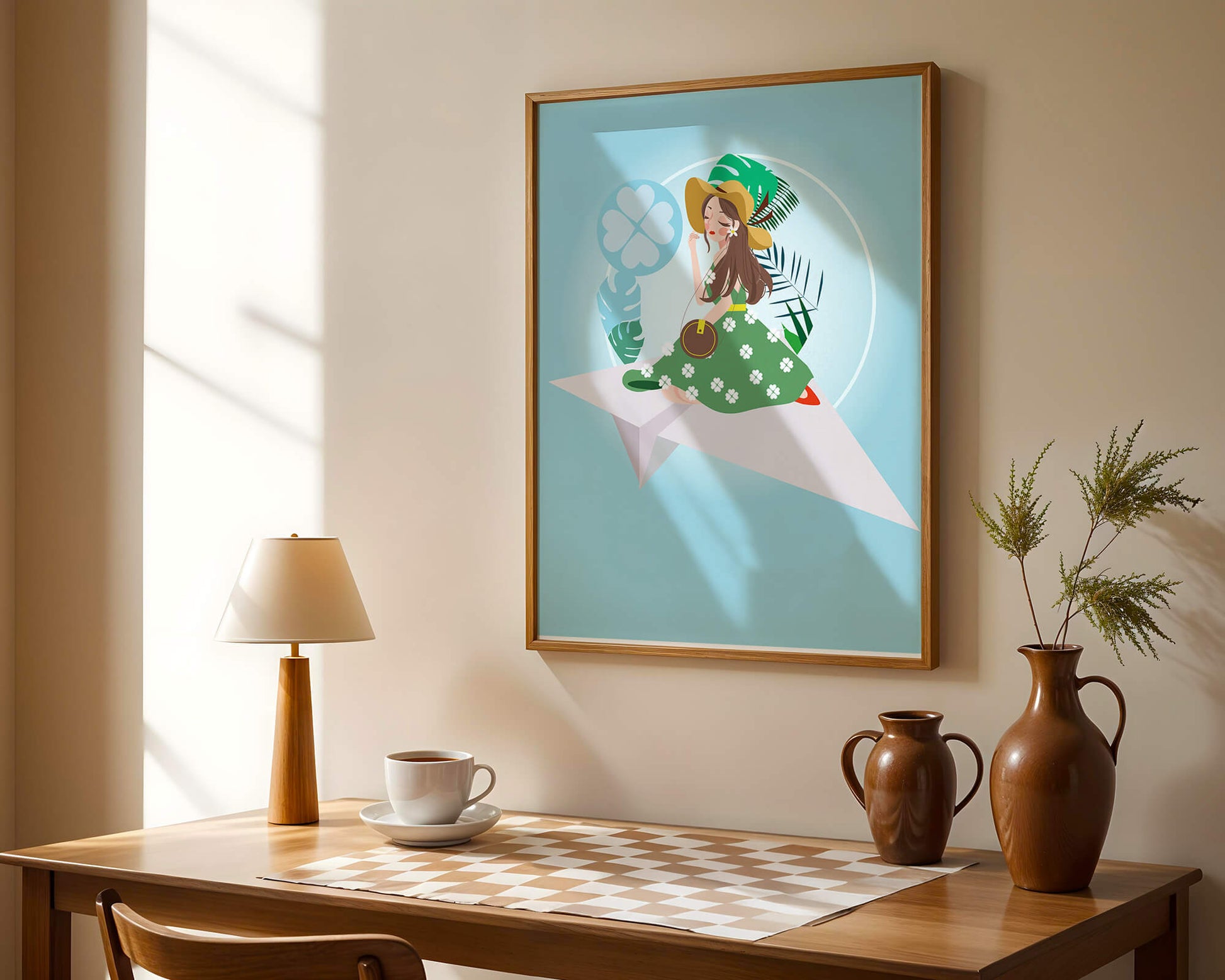 Woman on paper plane with tropical theme background