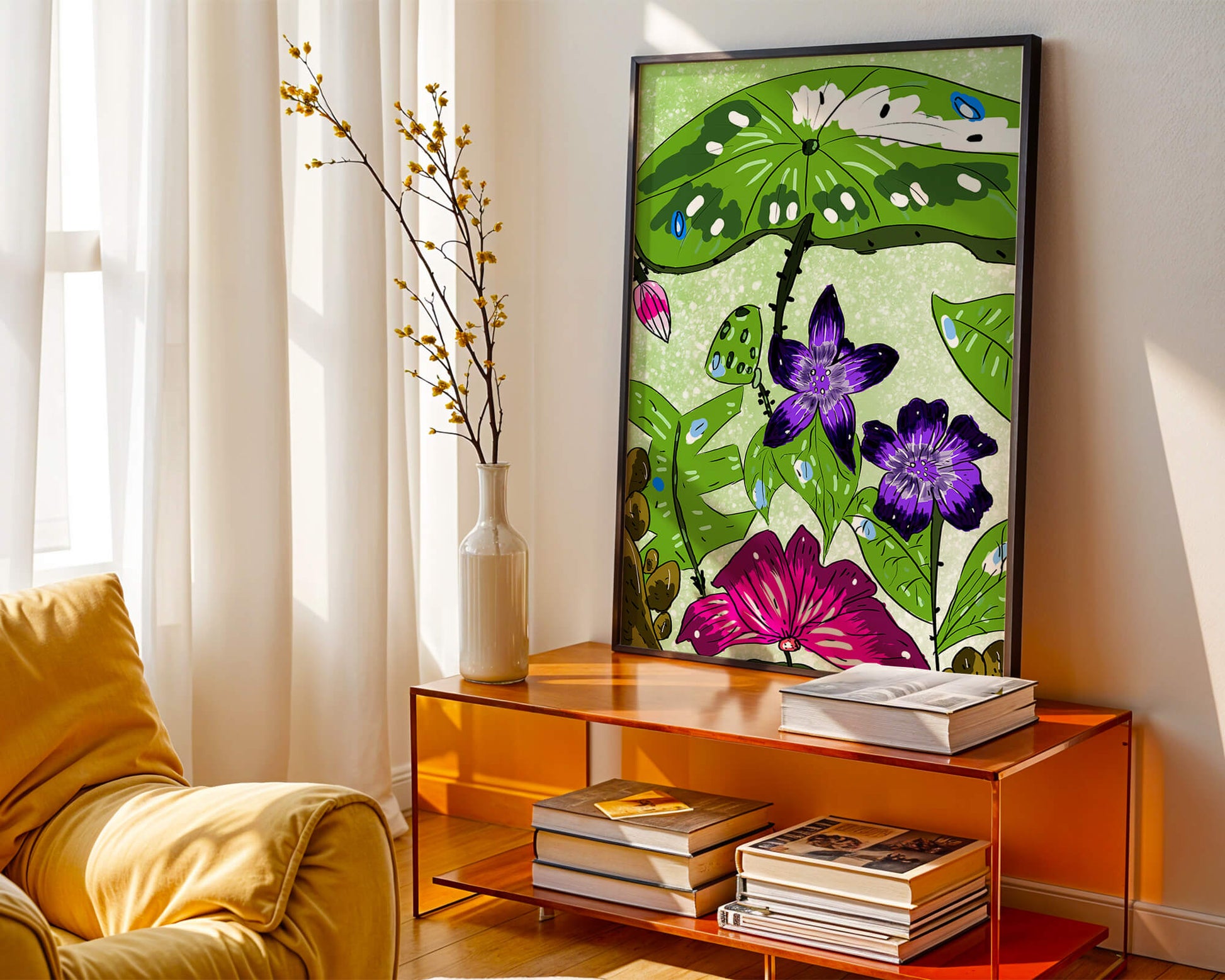 Bunte Blumenillustration mit exotischen Blumen und Blättern