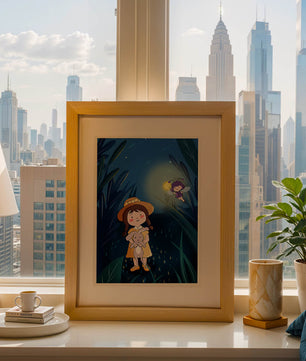 Ilustración de una chica en un bosque con una luciérnaga mágica por la noche