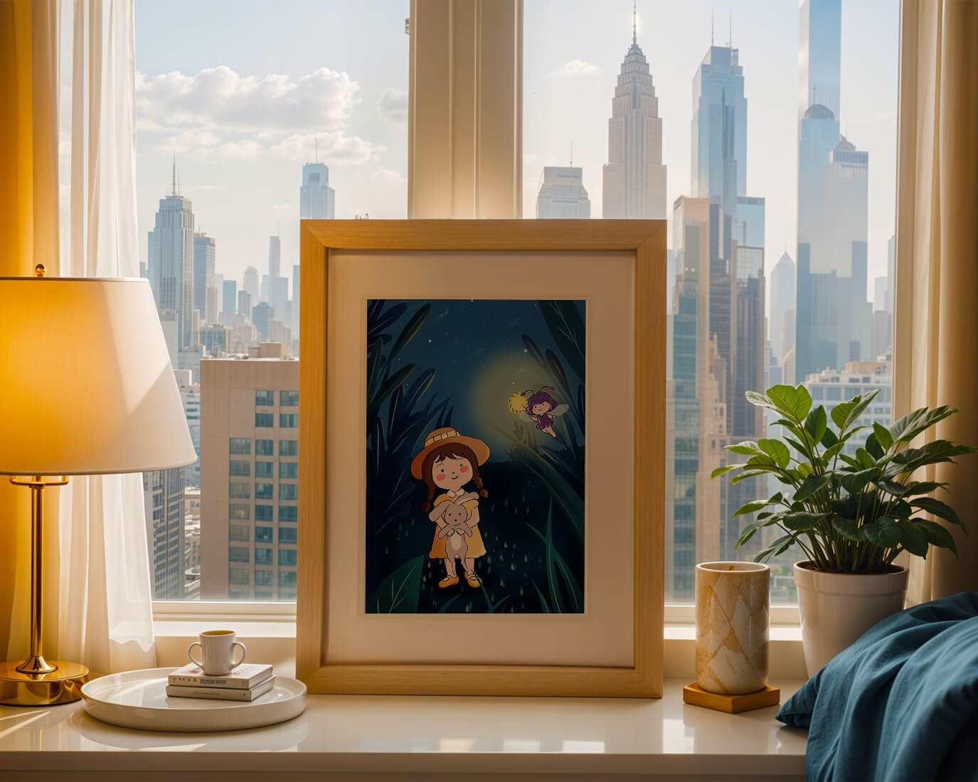 Ilustración de una chica en un bosque con una luciérnaga mágica por la noche