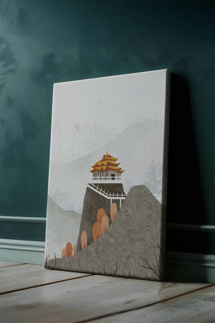 Serene mountain landscape with traditional Asian architecture