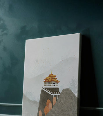 Serene mountain landscape with traditional Asian architecture