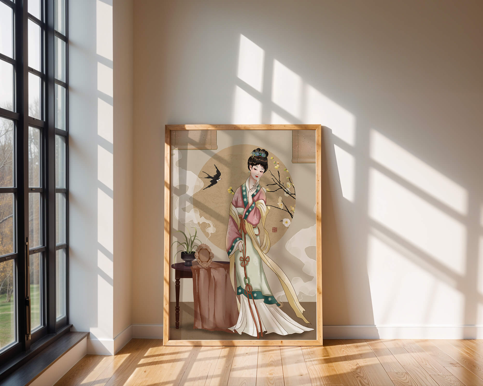 Elegant traditional Asian lady in classic attire with nature elements