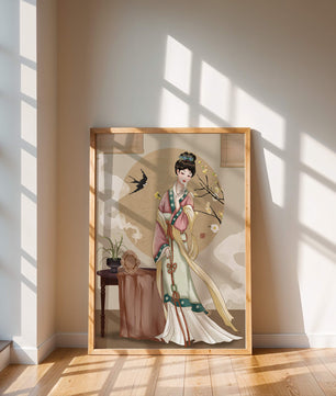 Elegante traditionelle asiatische Dame in klassischer Kleidung mit Naturelementen