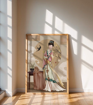 Elegant traditional Asian lady in classic attire with nature elements