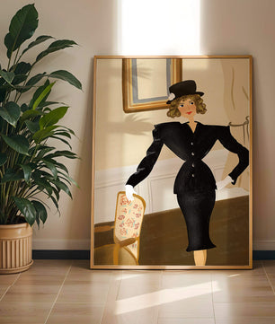 Elegant Woman in Vintage Fashion with Black Suit and Hat