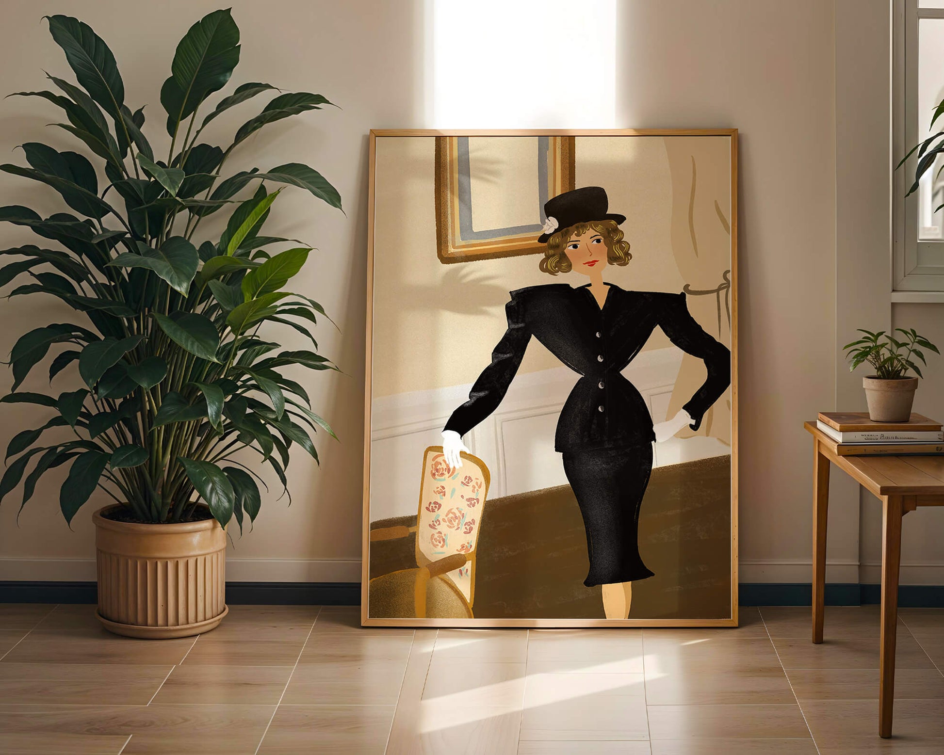 Mujer elegante en moda vintage con traje negro y sombrero