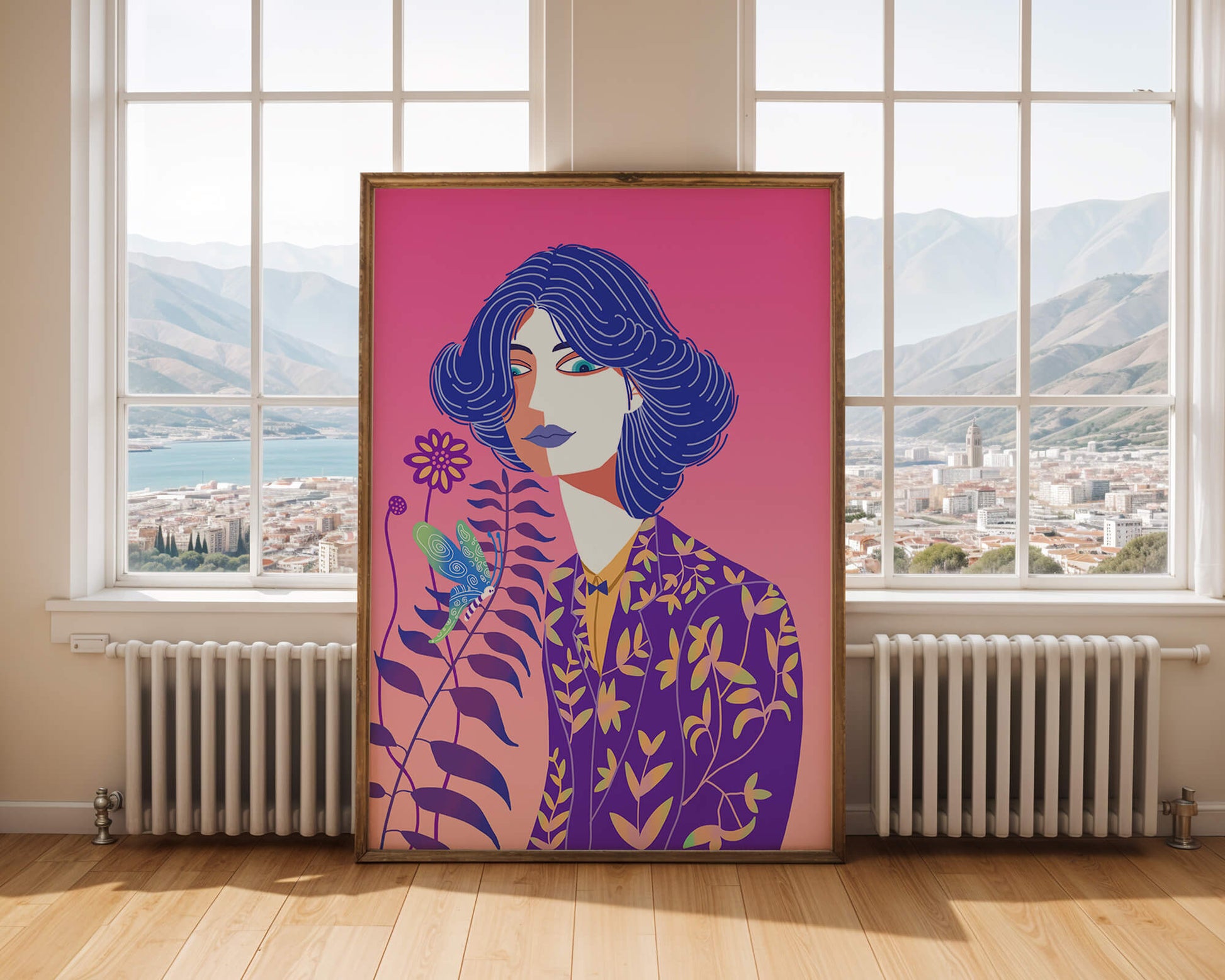 Stylized Portrait of a Woman with Blue Hair and Botanical Pattern