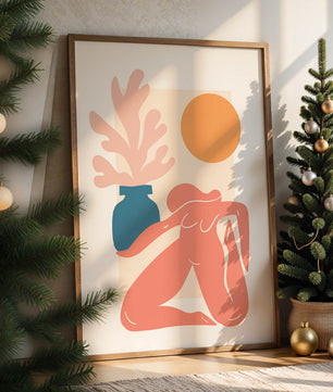 Figura desnuda abstracta con jarrón y sol en estilo minimalista