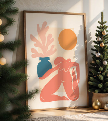 Abstract Nude Figure with Vase and Sun in Minimalist Style
