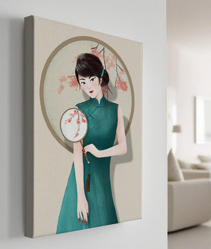 Elegante Illustration einer Frau in traditioneller Kleidung mit einem Fächer mit Kirschblüten