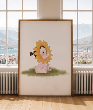 Adorable child with sunflower costume sitting on a grassy patch