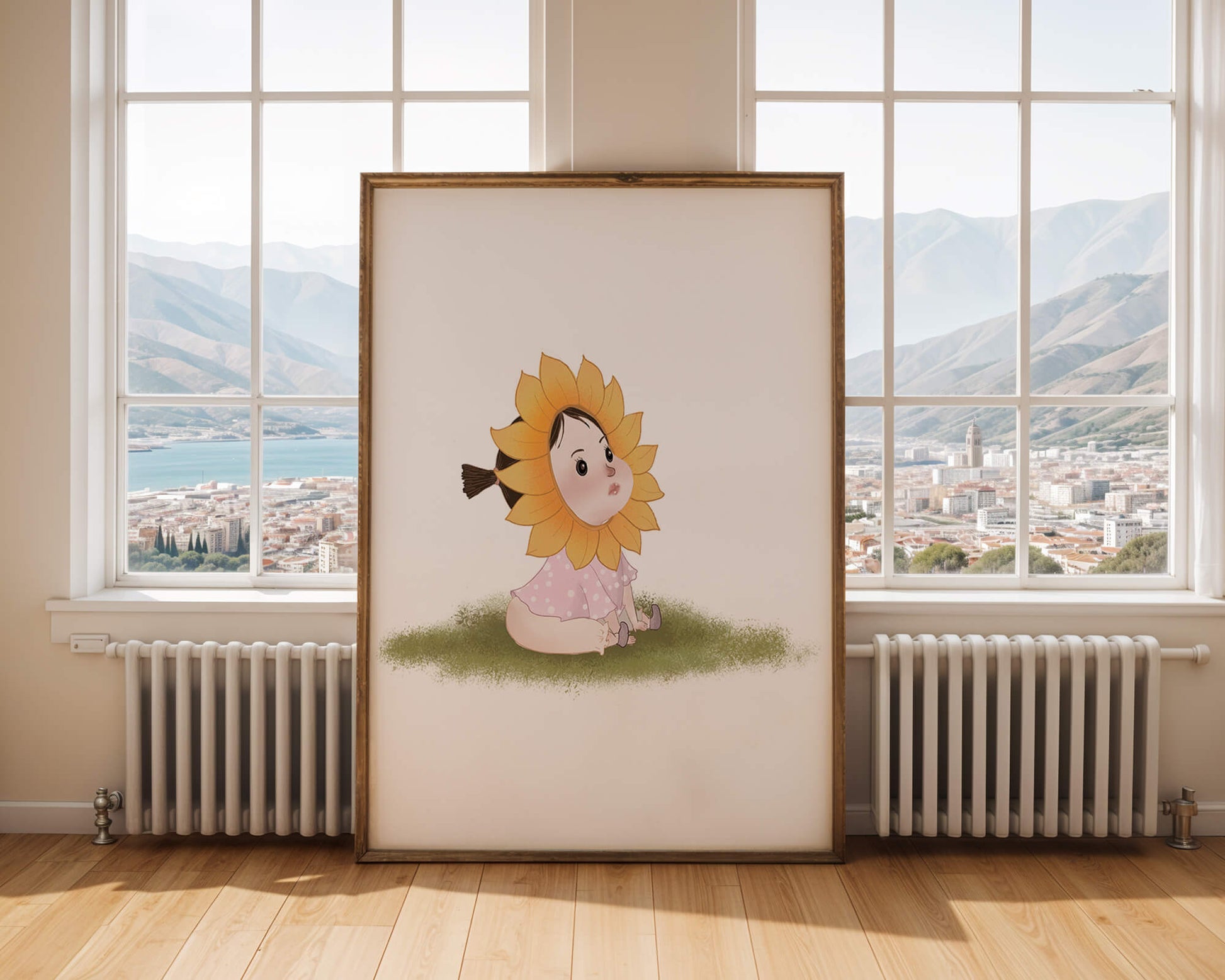 Adorable child with sunflower costume sitting on a grassy patch