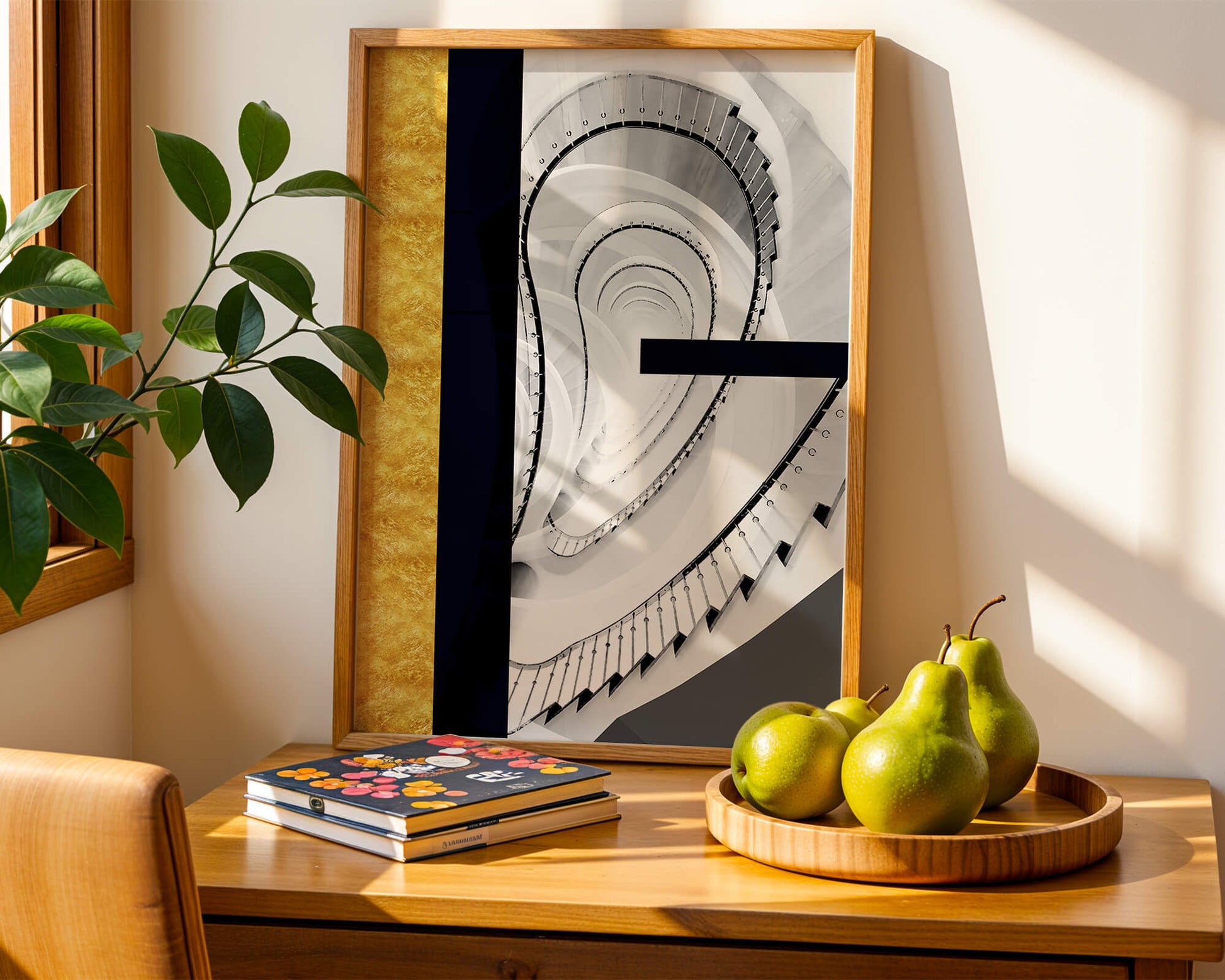 Abstract spiral staircase with a gold accent design