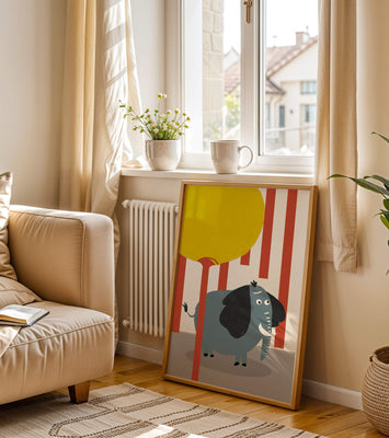 Illustration of a playful elephant with a yellow balloon in abstract setting