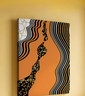 Artistic abstract design with wavy black lines and golden accents