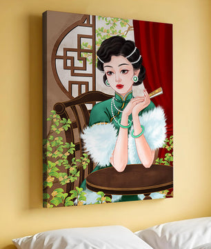 Elegant Woman in Traditional Asian Attire with Floral Background