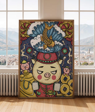 Colorful illustration featuring a whimsical pig and koi fish with decorative elements
