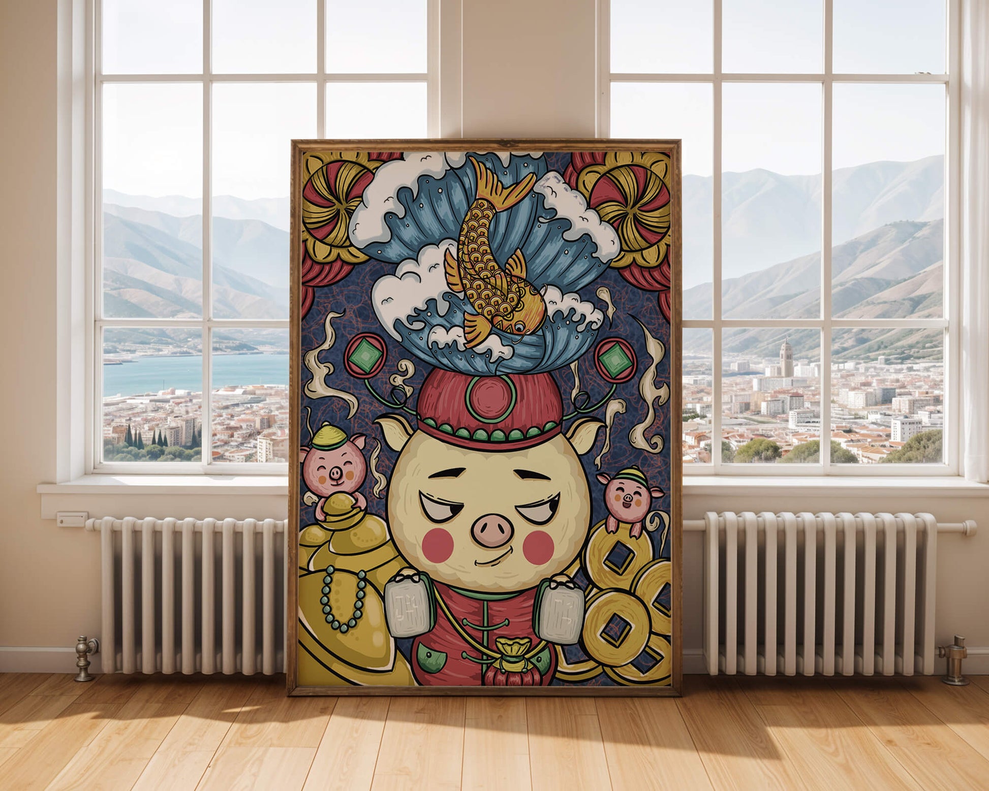Colorful illustration featuring a whimsical pig and koi fish with decorative elements