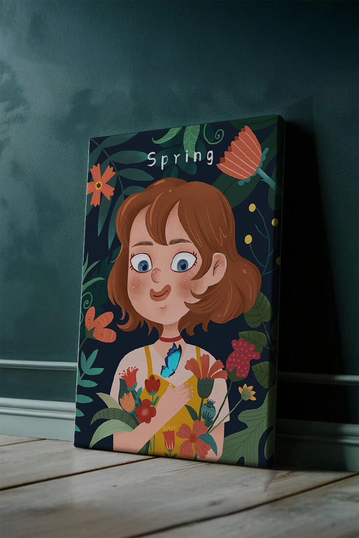 Ilustración primaveral encantadora con flores y mariposa