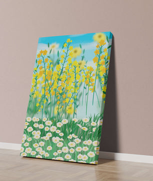 Frühlingwiese mit blühenden gelben und weißen Blumen