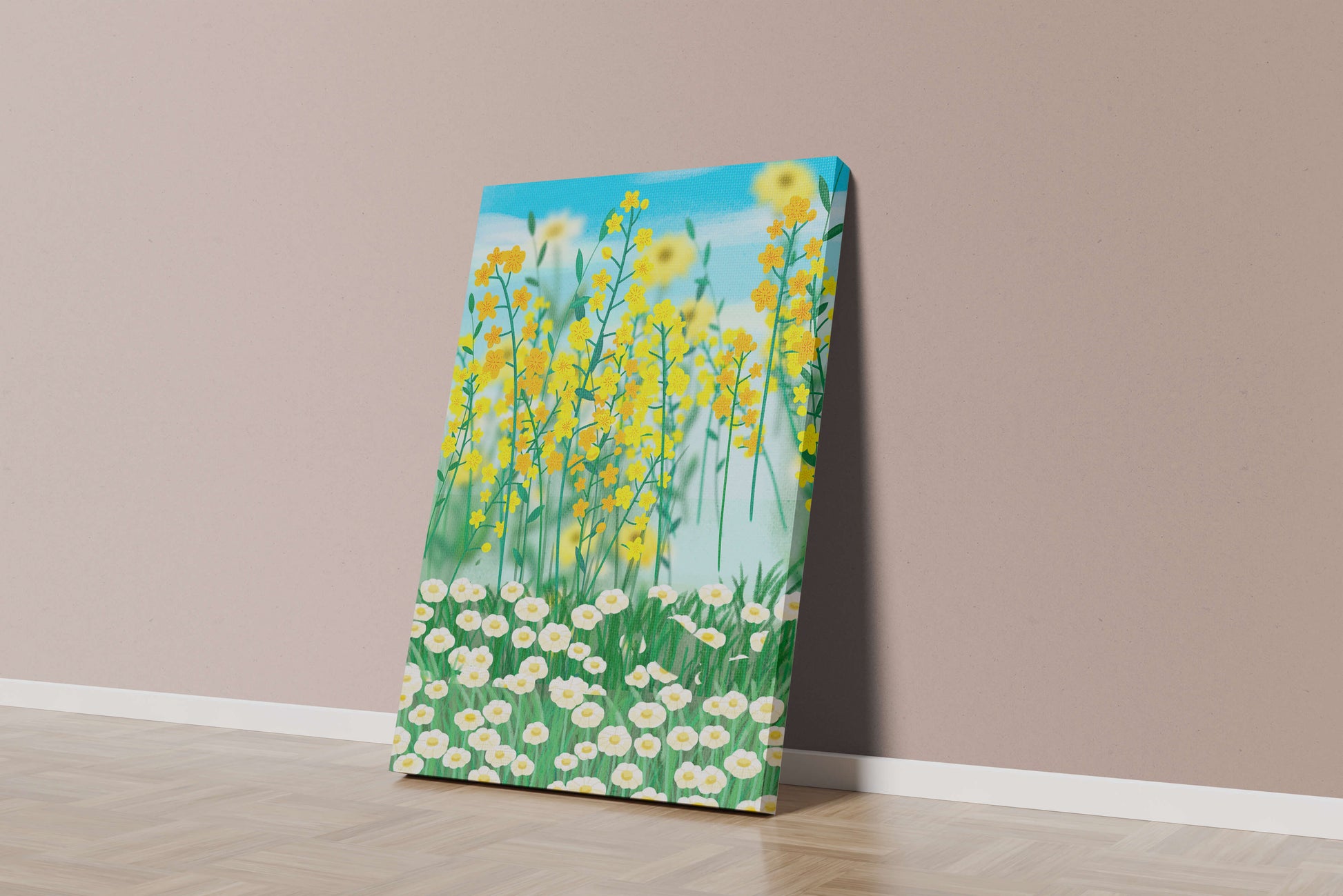 Springtime Meadow With Blooming Yellow And White Flowers