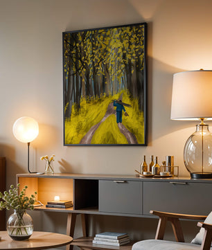 Man Walking Through a Sunny Forest with Golden Leaves