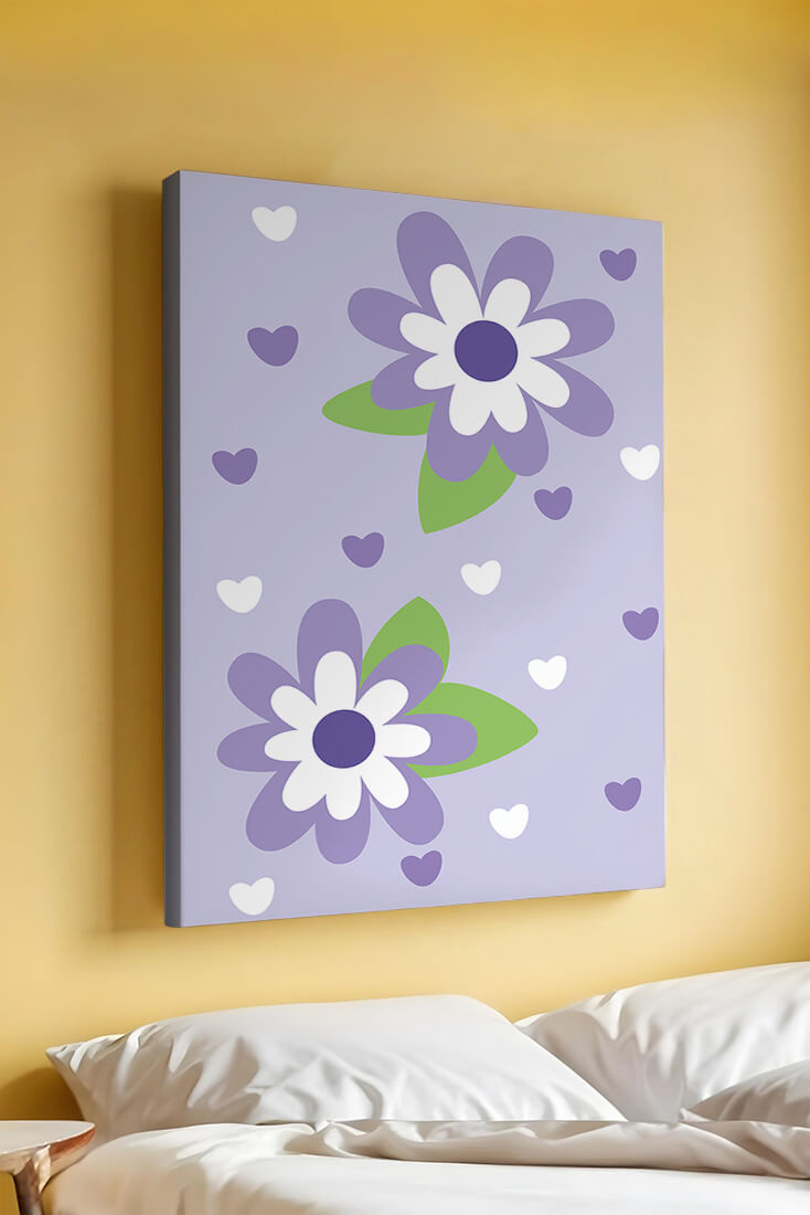 Elegant purple floral pattern with green leaves and heart accents