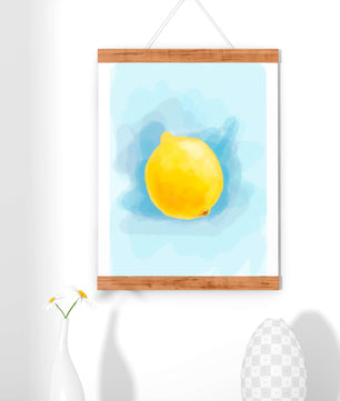 Obra de arte en acuarela de un limón sobre un fondo azul