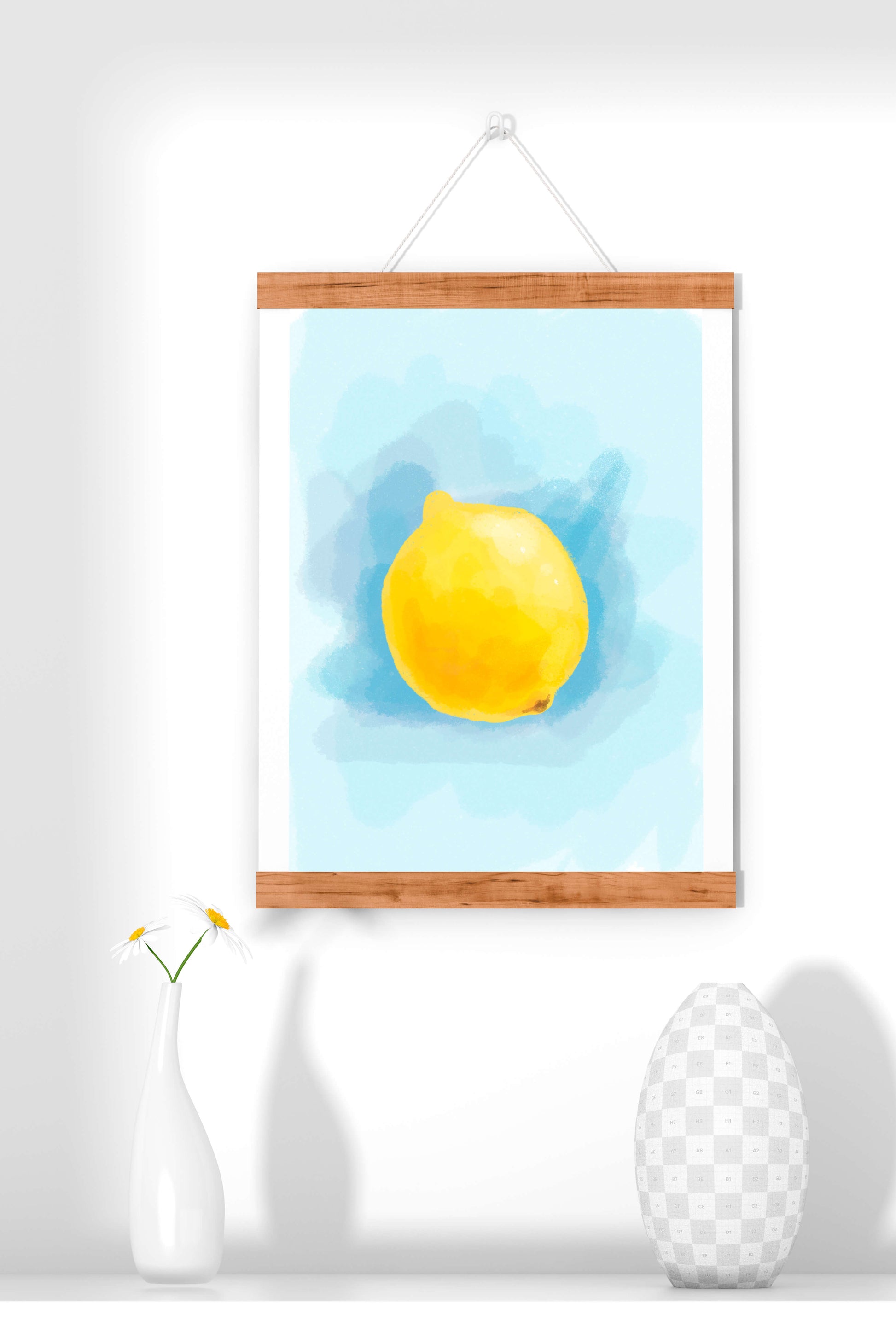Watercolor artwork of a lemon on a blue background