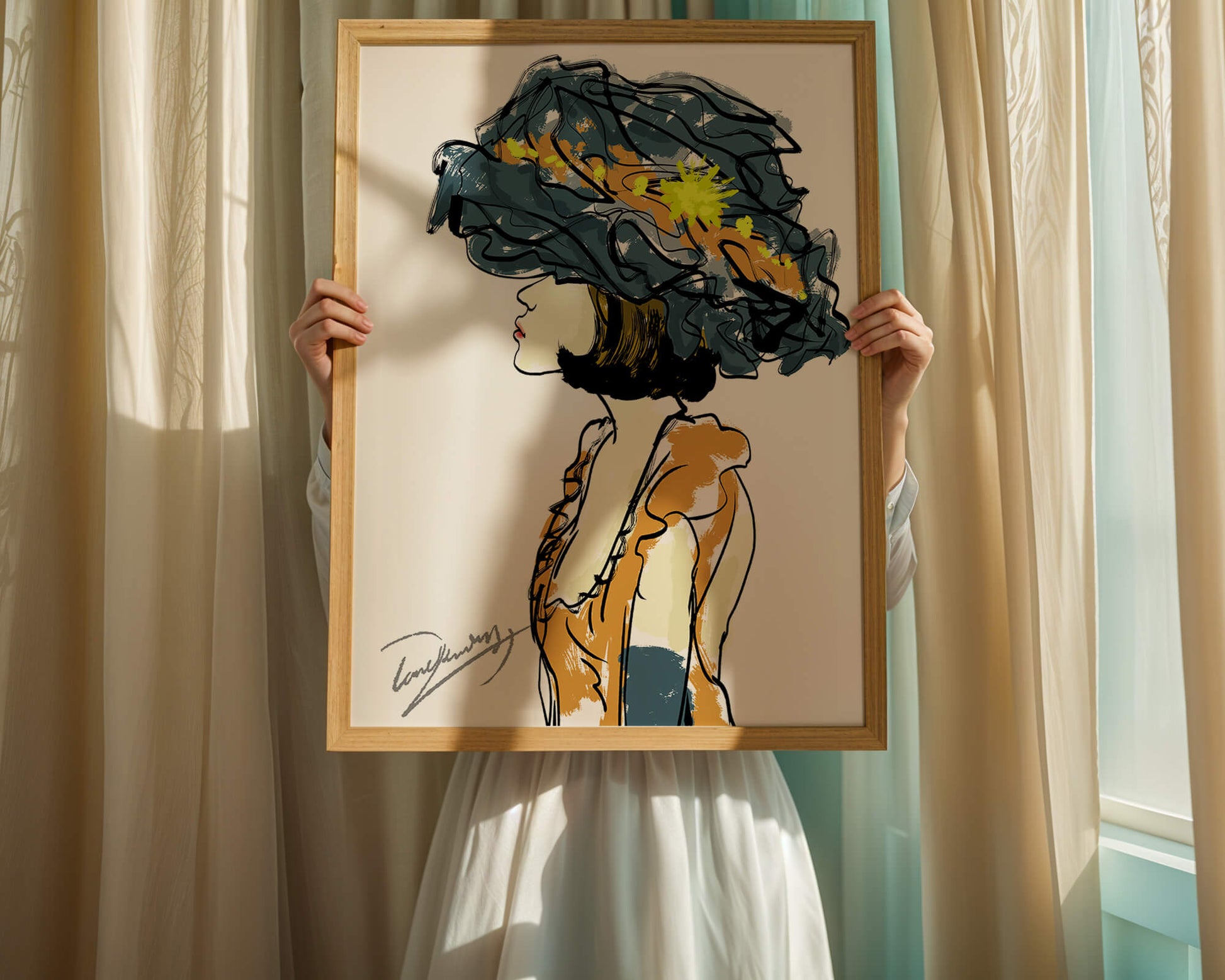 Portrait of a Fashionable Woman with a Large Hat and Gold Accents