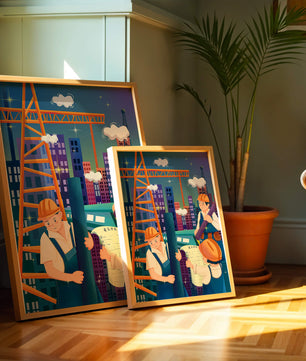 Illustrated construction workers on a high-rise building site