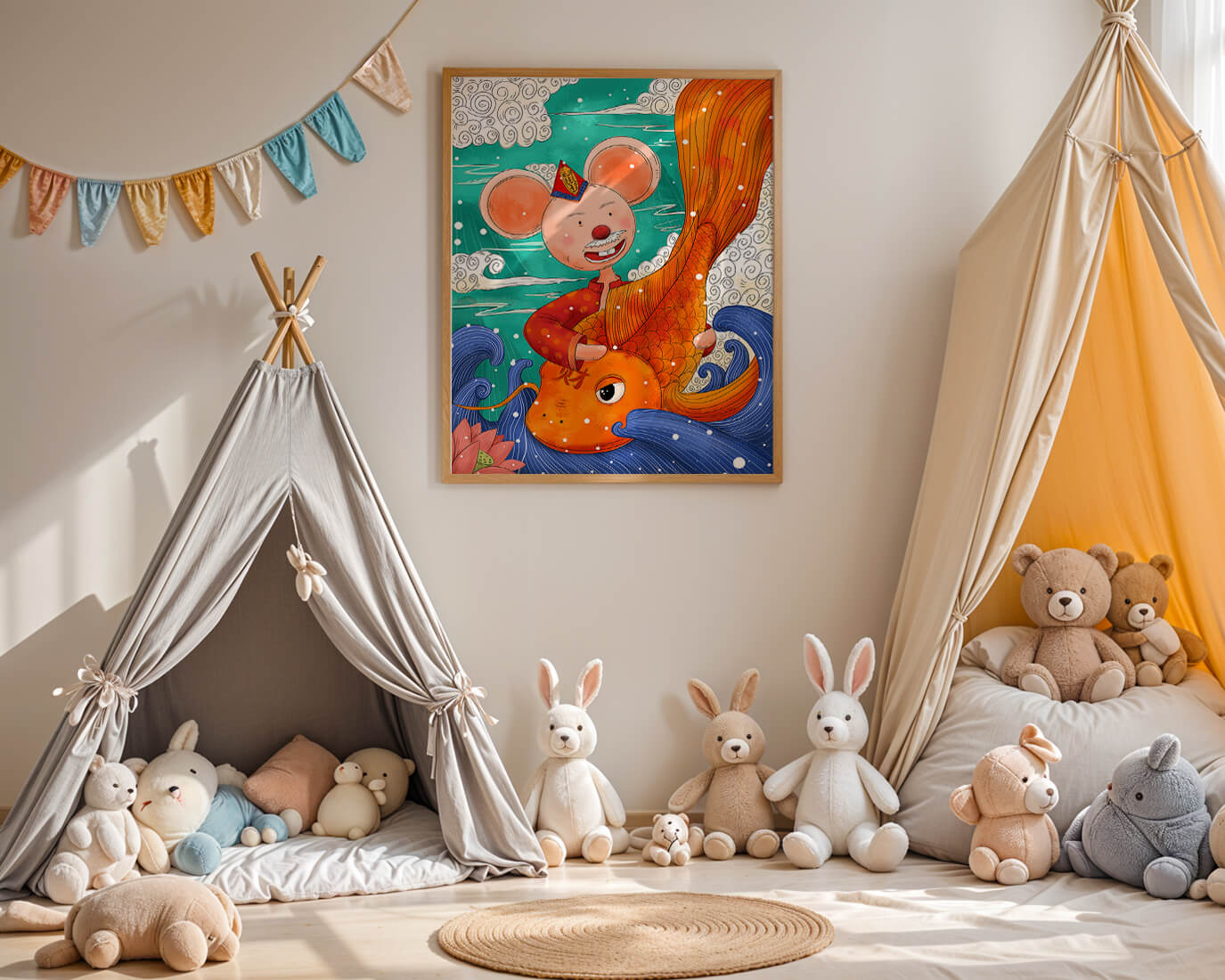 Whimsical illustration of a mouse riding a golden fish in a vibrant fantasy setting