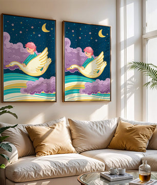 Child flying on a goose through a magical night sky illustration