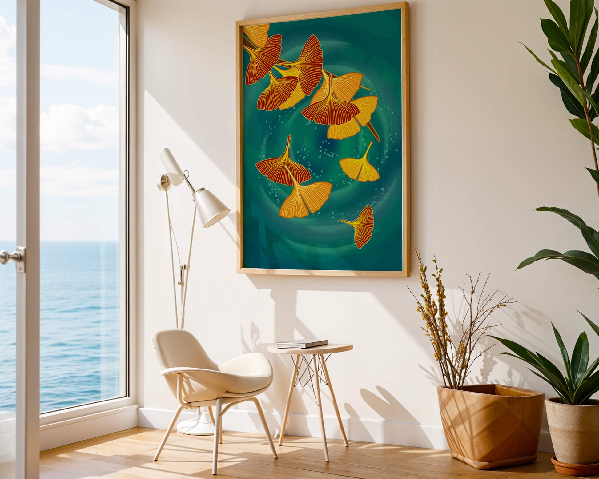 Stylized Ginkgo Leaves Floating on a Turquoise Background