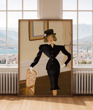 Elegant Woman in Vintage Fashion with Black Suit and Hat