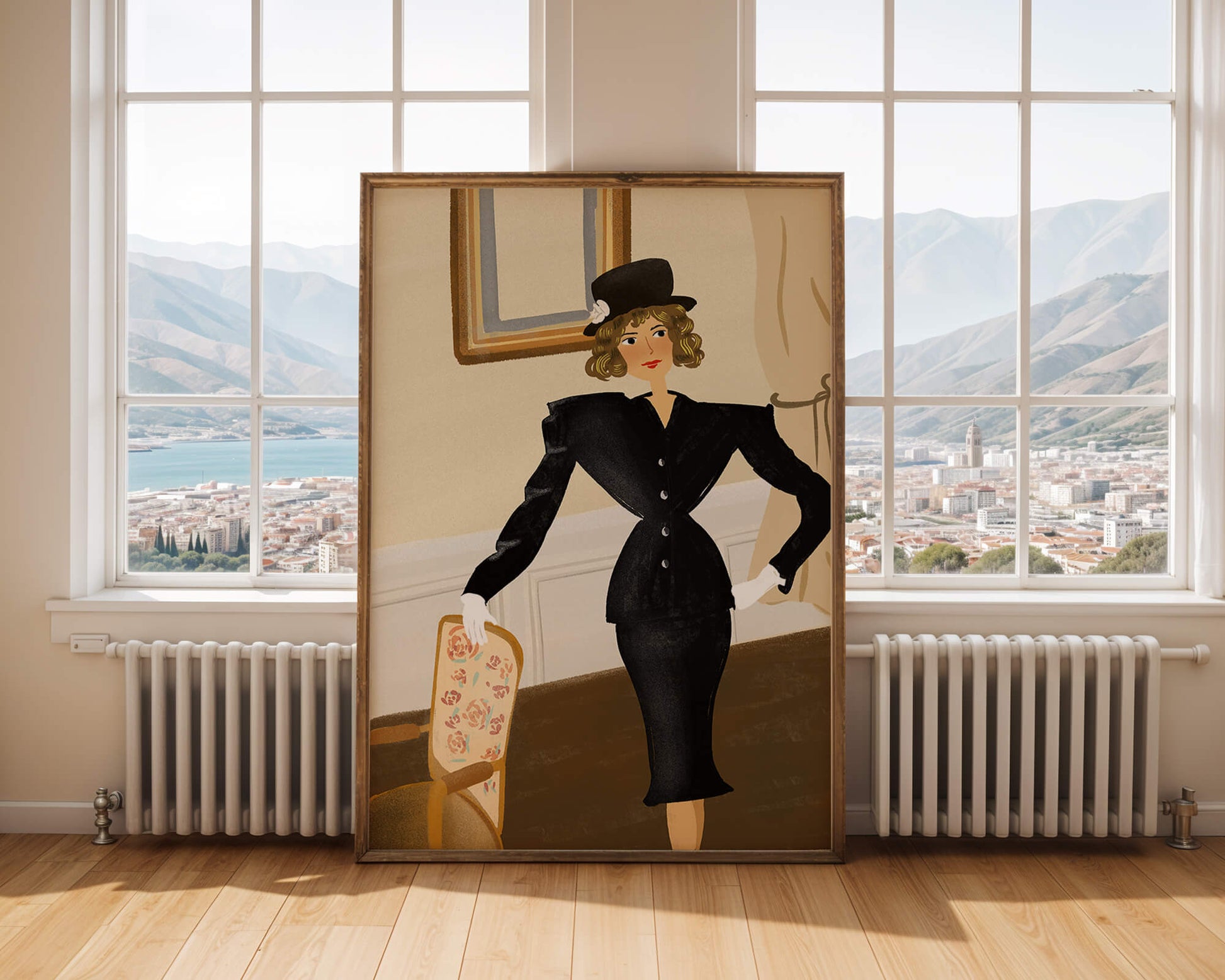 Mujer elegante en moda vintage con traje negro y sombrero