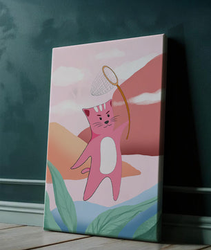 Pink Cat Holding Net in Whimsical Landscape