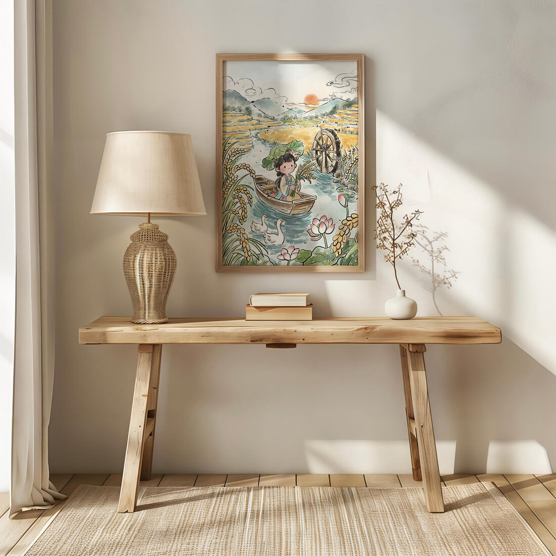 Niña en un bote con campos de arroz y atardecer de fondo