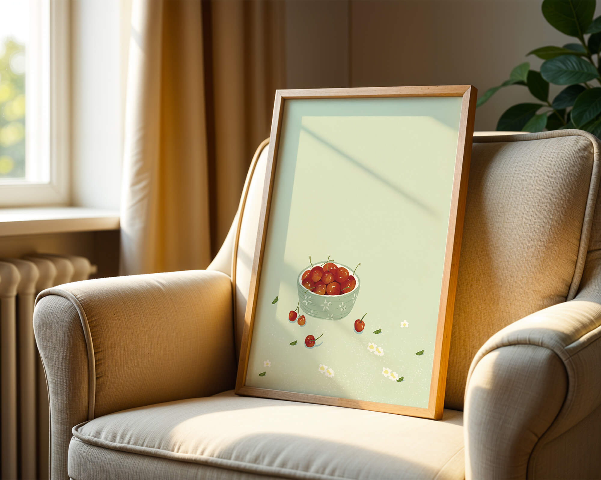 Cherries in a decorative bowl with floral accents on a soft green background